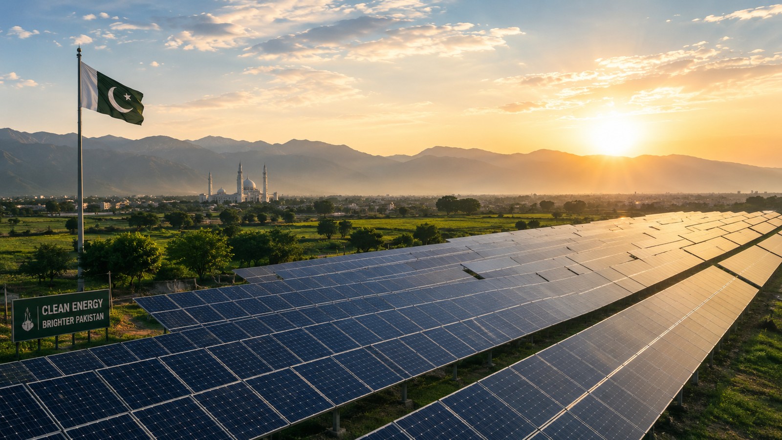 Solar farm in Pakistan with national flag, mountains and clean energy landscape