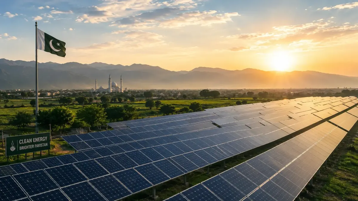 Solar farm in Pakistan with national flag, mountains and clean energy landscape