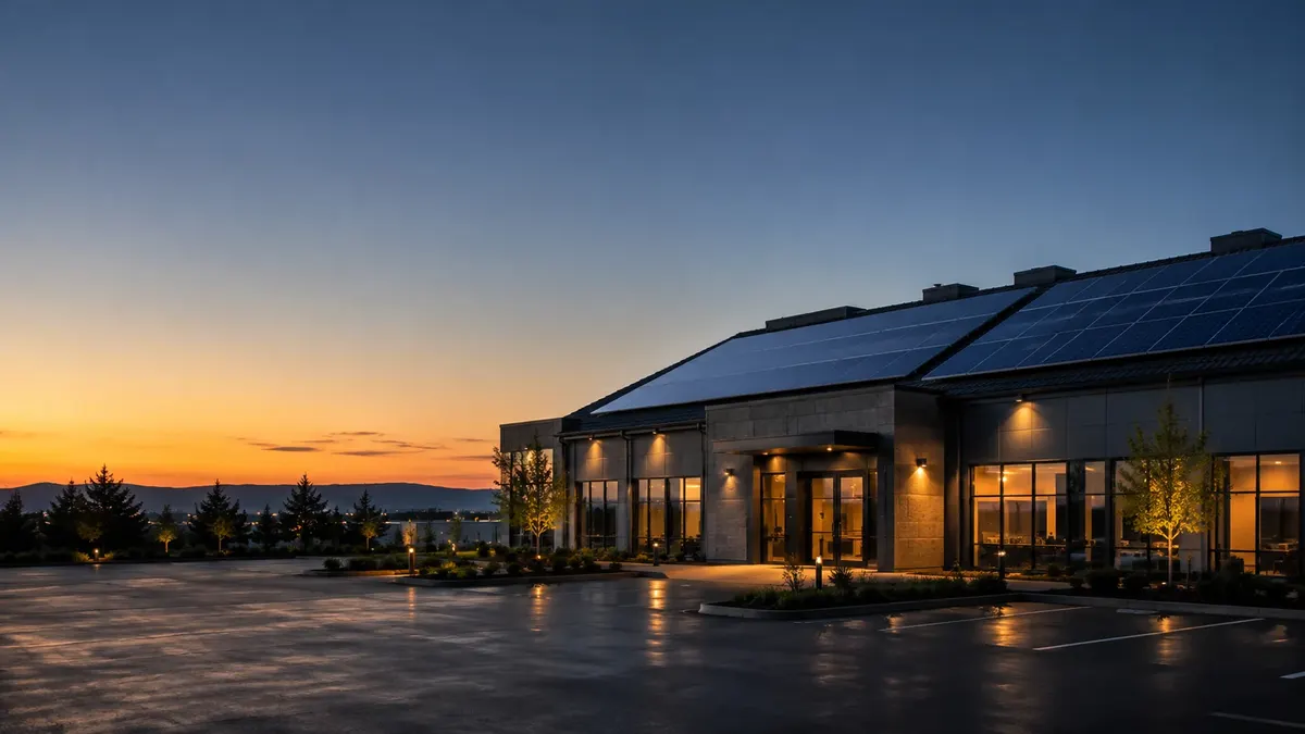 Solar-powered commercial building at sunset
