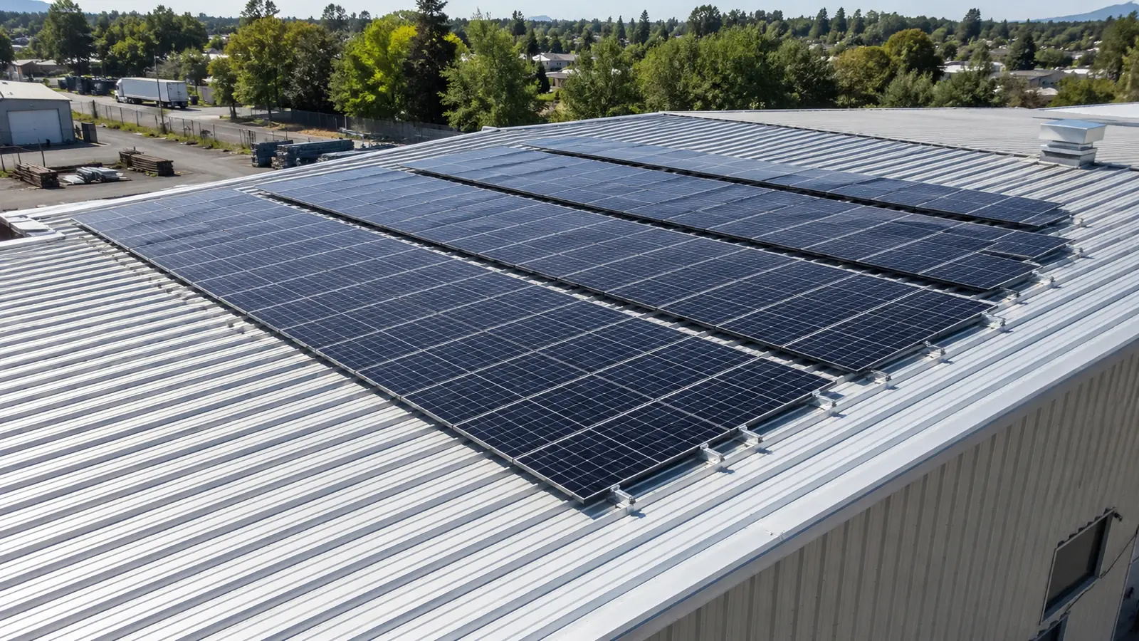 Commercial building rooftop with solar panels