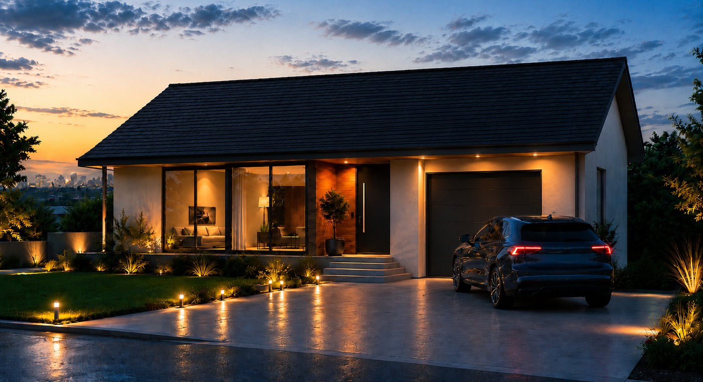 Night solar energy home with fully installed panels powering an electric vehicle