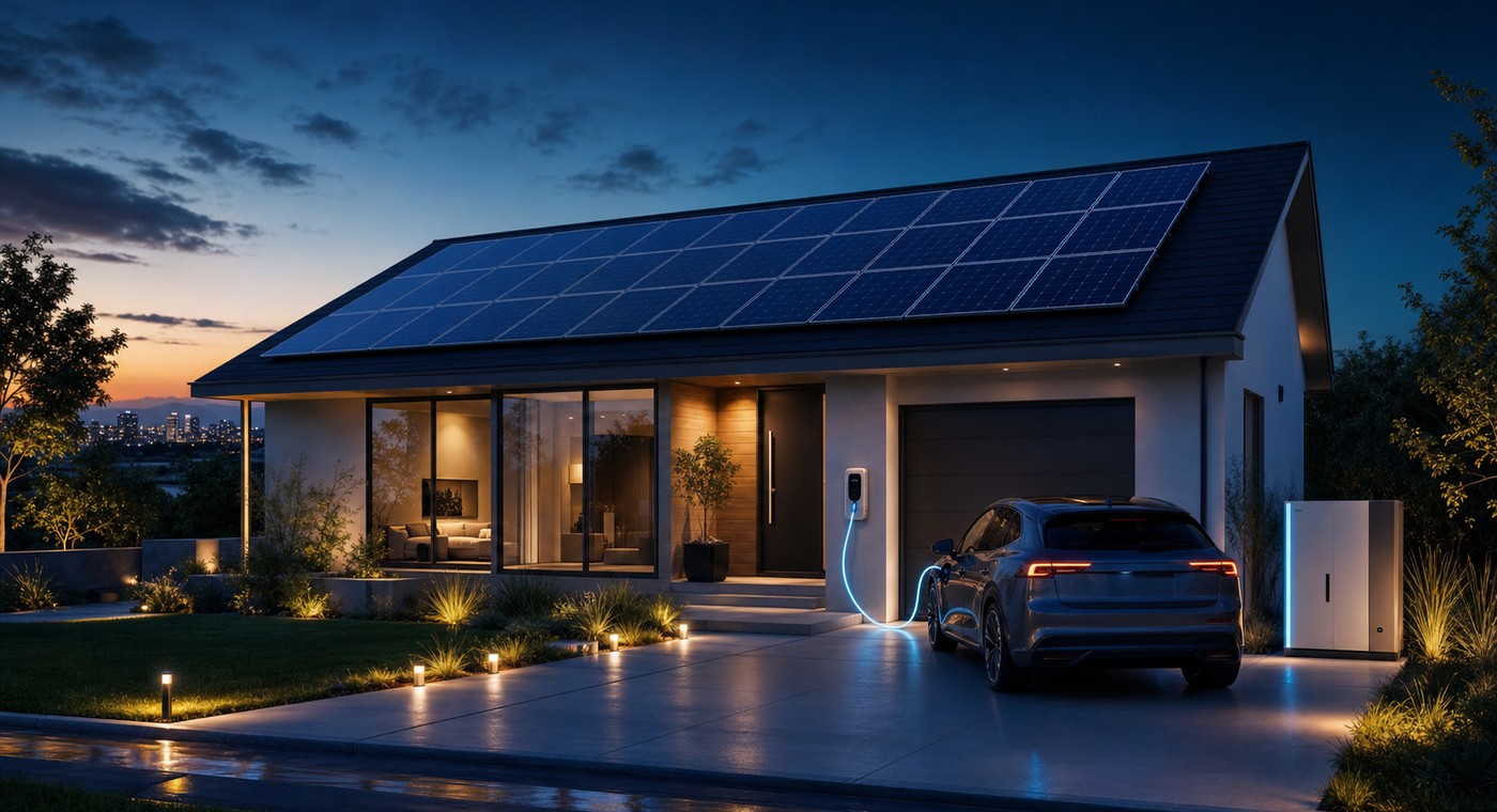 Modern solar powered home with rooftop panels, inverter monitoring and EV charging